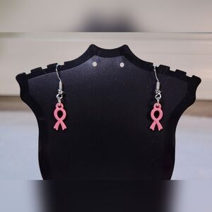 Pink Ribbon Breast Cancer Awareness Statement Dangle Earrings / Pierced